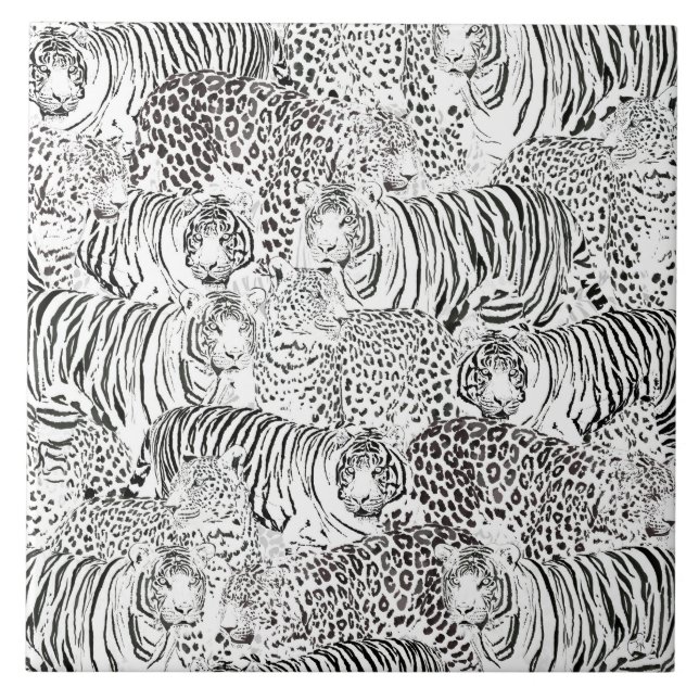 Modern Black White Leopard Tiger Animals Tile (Front)