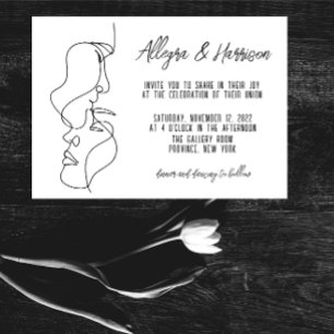 Modern Black White Line Art Typography Wedding  Invitation