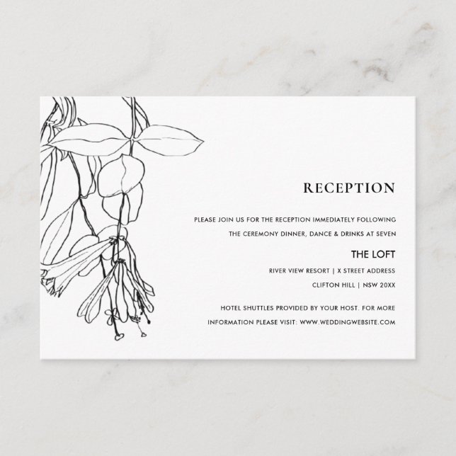 MODERN BLACK WHITE LINE DRAWING FLORAL RECEPTION ENCLOSURE CARD (Front)
