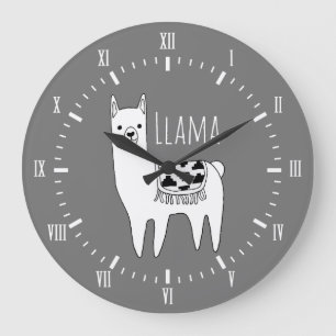 Modern Black & White Llama Sketch Roman Numerals Large Clock