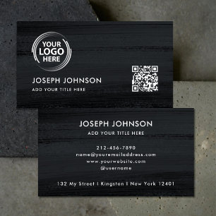 Modern Black White Logo Dark Grey Brush QR Code Business Card