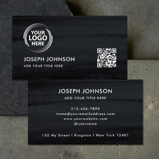 Modern Black White Logo Dark Grey Brush QR Code Business Card