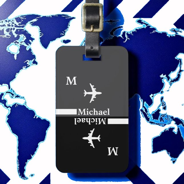 Modern Black / White luggagetag with name Luggage Tag (Creator Uploaded)