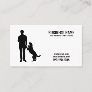 Modern Black & White Man Silhouette Dog Walking Business Card