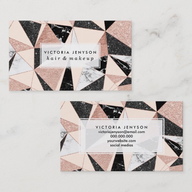 Modern black white marble blush pink rose gold gli business card (Front/Back)