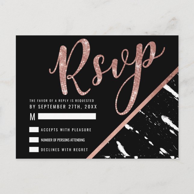 Modern Black White Marble Rose Gold Chic RSVP Postcard (Front)