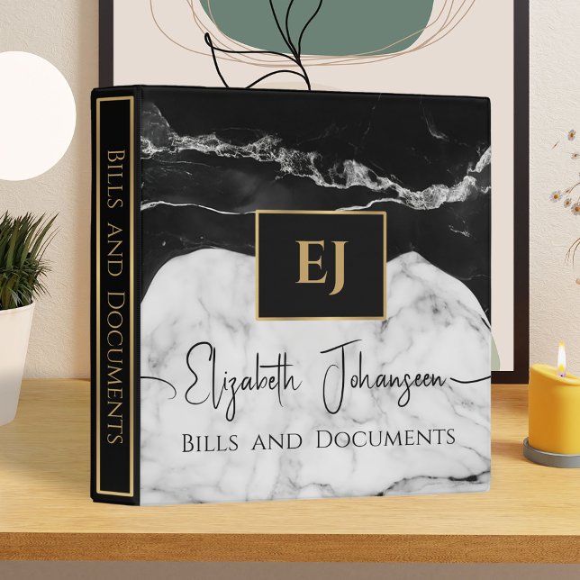 Modern Black White Marble Texture Gold Monogrammed Binder (Creator Uploaded)