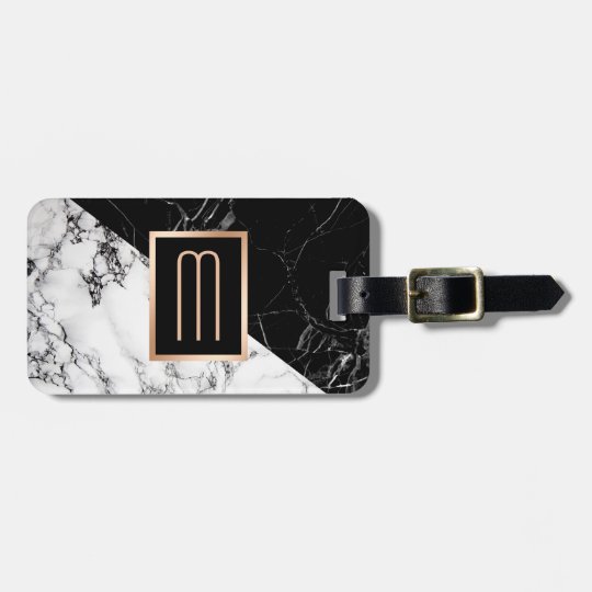 Modern Black White Marble Texture Stylish Monogram Luggage Tag