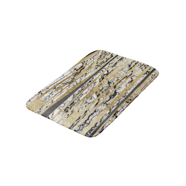 Modern Black White Marble with Faux Gold Stripes Bath Mat (Angled)