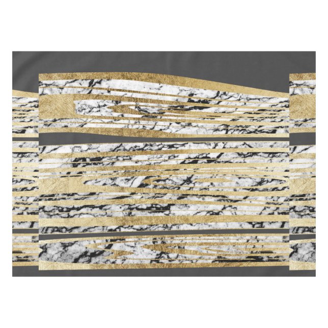 Modern Black White Marble with Faux Gold Stripes Tablecloth (Front (Horizontal))