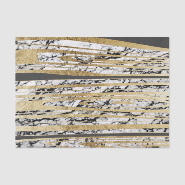 Modern Black White Marble with Faux Gold Stripes Tissue Paper (Front)