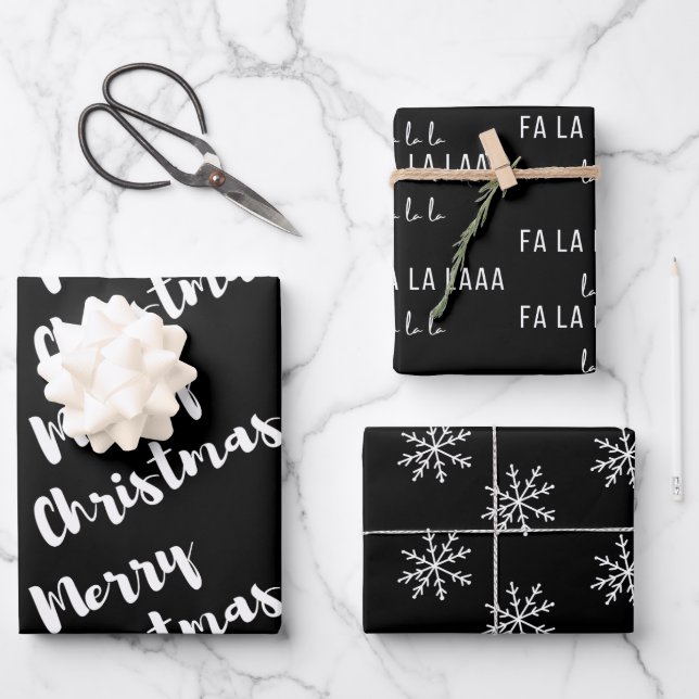 Modern Black White Merry Christmas Calligraphy  Wrapping Paper Sheet (Front)