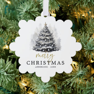 Modern Black & White Merry Christmas Tree Family Ornament Card