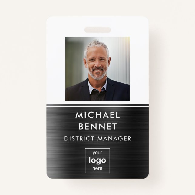 Modern Black White Metal Employee Photo ID  Badge (Front)