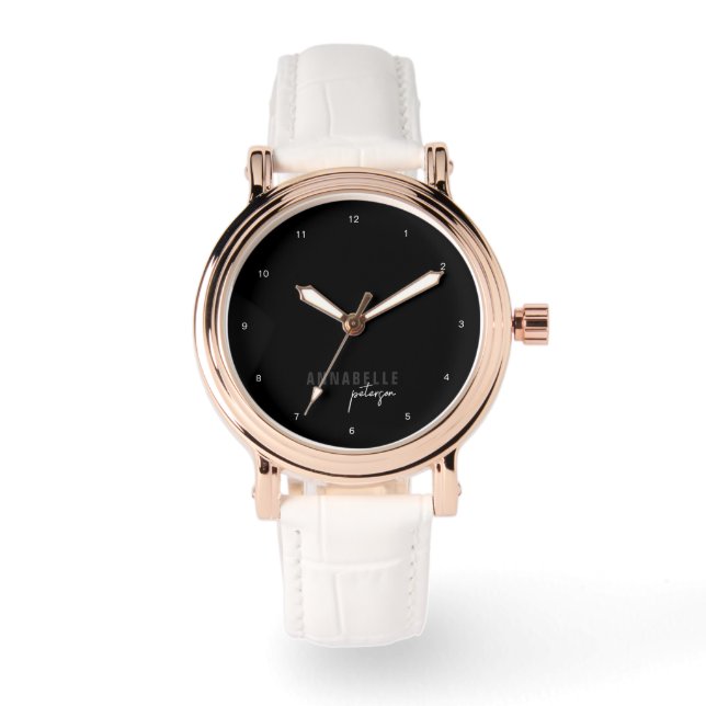 Modern Black & White Minimal Script Personalized Watch (Front)