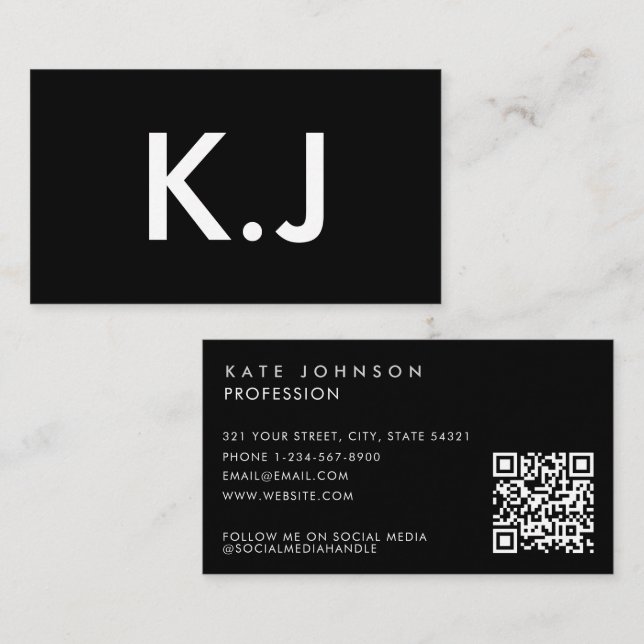 Modern Black White Minimalist QR Code Monogram Business Card (Front/Back)