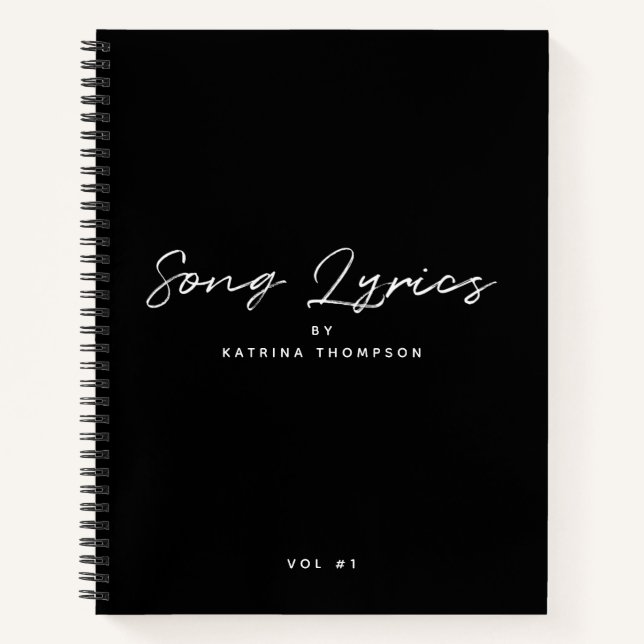Modern Black White Minimalist Script Song Lyrics Notebook (Front)