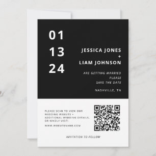 Modern Black & White Minimalist Wedding QR Code Save The Date
