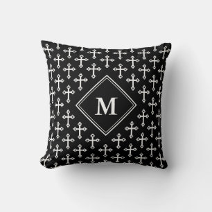 Modern Black White Monochrome CROSS Monogram Throw Pillow