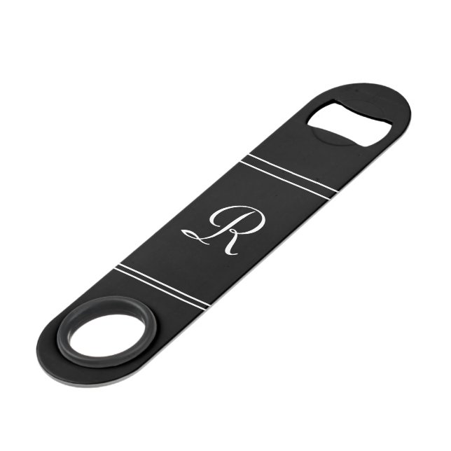 Modern Black White Monogram Initial Bottle Opener Bar Key (Front Angled)