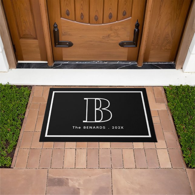 Modern Black White Monogram Initial Family Name Doormat (Outdoor)