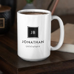 Modern Black & White Monogram Initials Groomsmen Coffee Mug<br><div class="desc">This masculine groomsman coffee mug features a minimalist design, highlighting the groomsman's initials in a modern square motif, complemented by their name and title in sleek, modern black and white typography. For personalization, input the groomsmen's name, monogrammed initials, and title in the customization field to create your own unique wedding...</div>