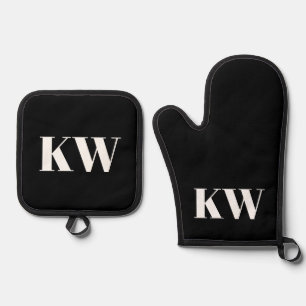 Modern Black White Monogram Initials Personalized Oven Mitt & Pot Holder Set