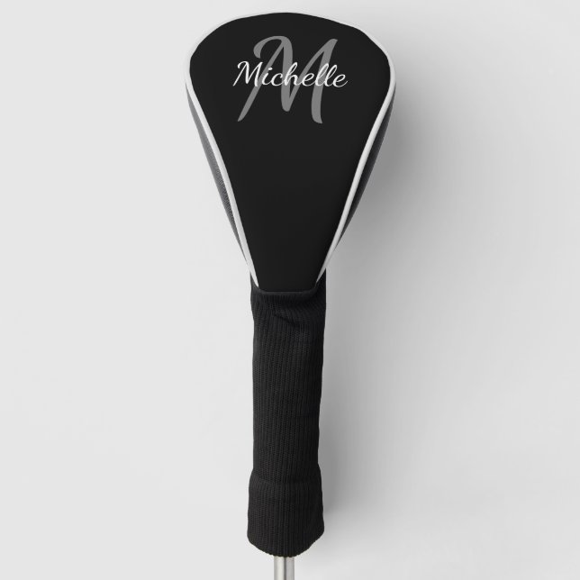 Modern Black & White Monogram Name + Initial Golf Head Cover (Front)