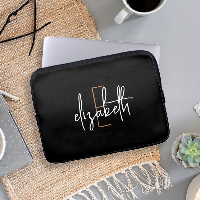Modern Black White Monogram Name Laptop Sleeve (Creator Uploaded)