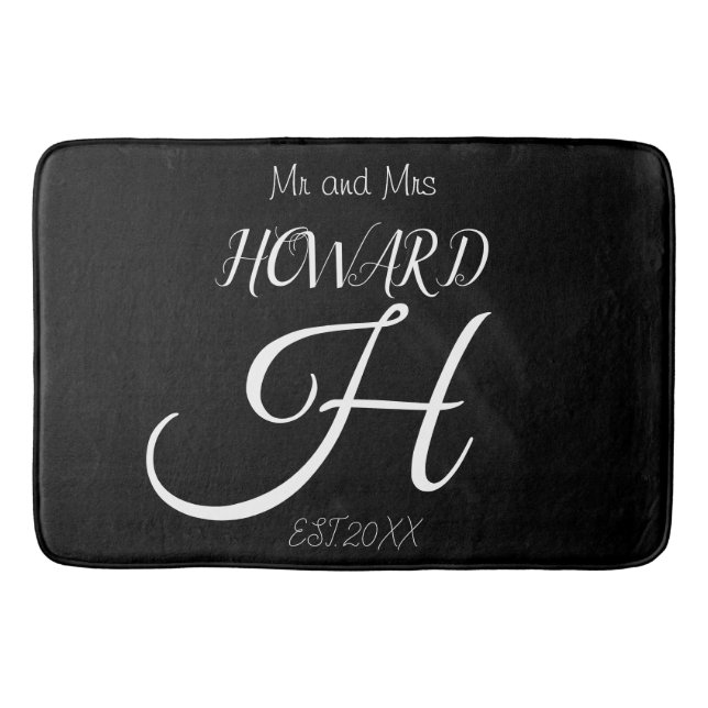Modern Black White Monogram Name Newlyweds  Bath Mat (Front)