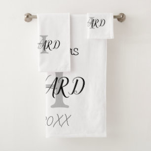 Modern Black White Monogram Name Newlyweds Bath T Towel Set