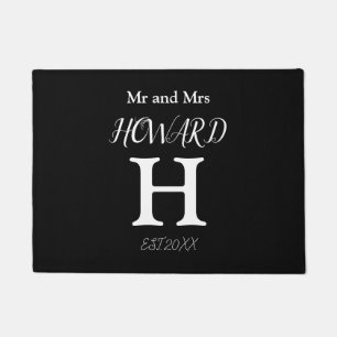 Modern Black White Monogram Name Newlyweds  Doorma Doormat