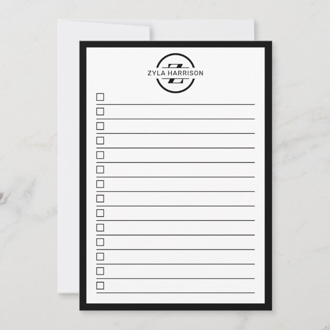 Modern Black White Monogram Name To Do List Invitation (Front)