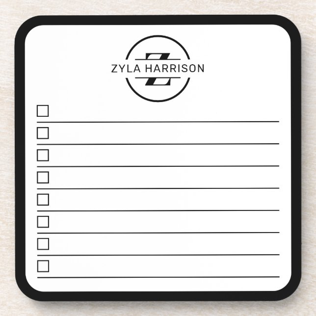 Modern Black White Monogram Name To Do Whiteboard Coaster (Front)