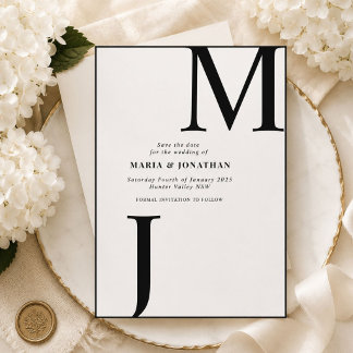 Modern Black White Monogram save the date