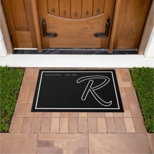 Modern Black White Monogram Script Family Name Doormat
