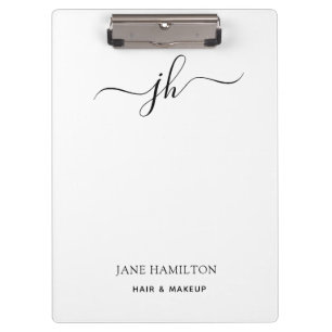 Modern Black White Monogram Script Name Clipboard