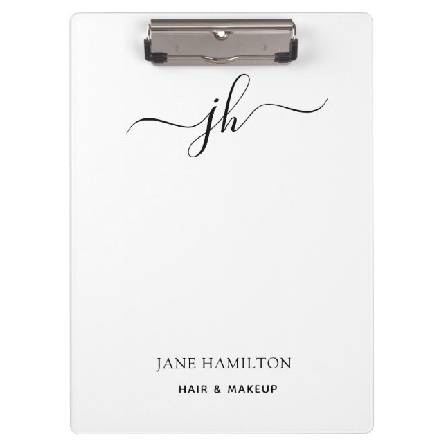 Modern Black White Monogram Script Name Clipboard (Front)