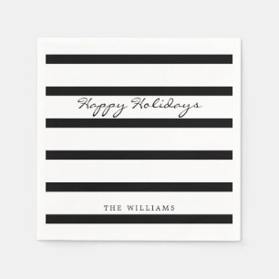Modern Black & White Monogram Stripe Happy Holiday Napkin