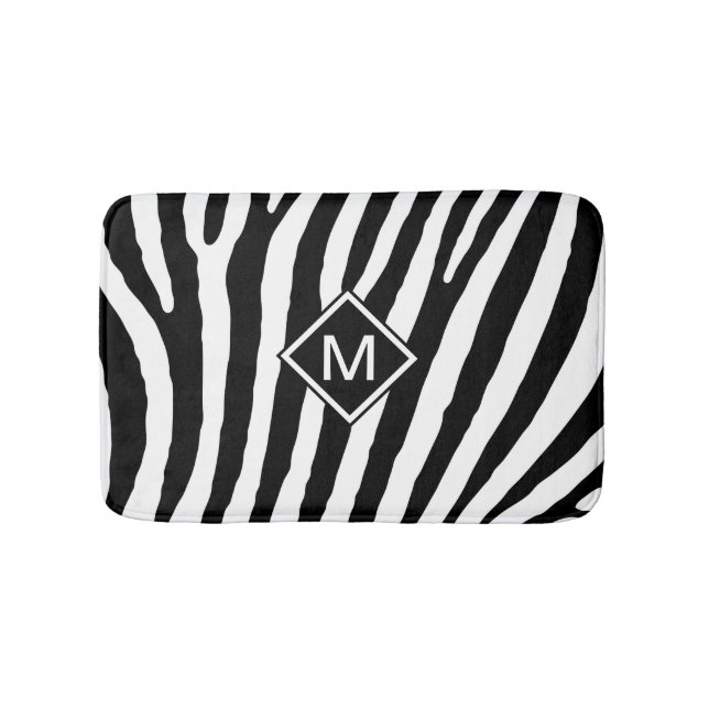 Modern Black White Monogram Stripes Name Initial Bath Mat (Front)