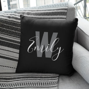 Modern Black White Monogram Throw Pillow
