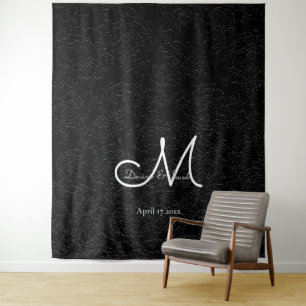 Modern Black White Monogram Wedding Photo Booth Tapestry