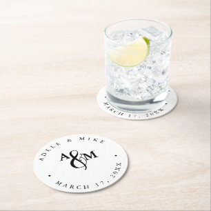Modern Black & White Monogram Wedding Round Paper Coaster