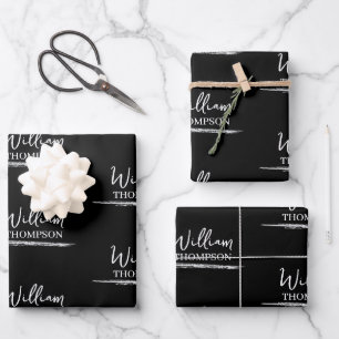 Modern Black & White Monogrammed Name Wrapping Paper Sheet