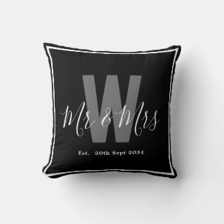 Modern Black White Mr Mrs Monogram Border Date Throw Pillow