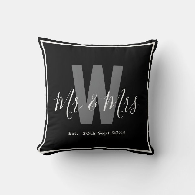 Modern Black White Mr Mrs Monogram Border Date Throw Pillow (Front)