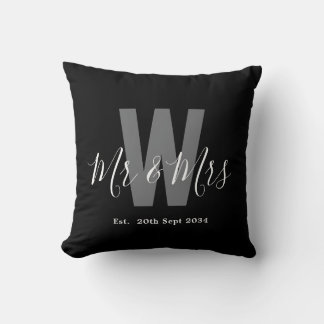 Modern Black White Mr Mrs Monogram Date Throw Pillow