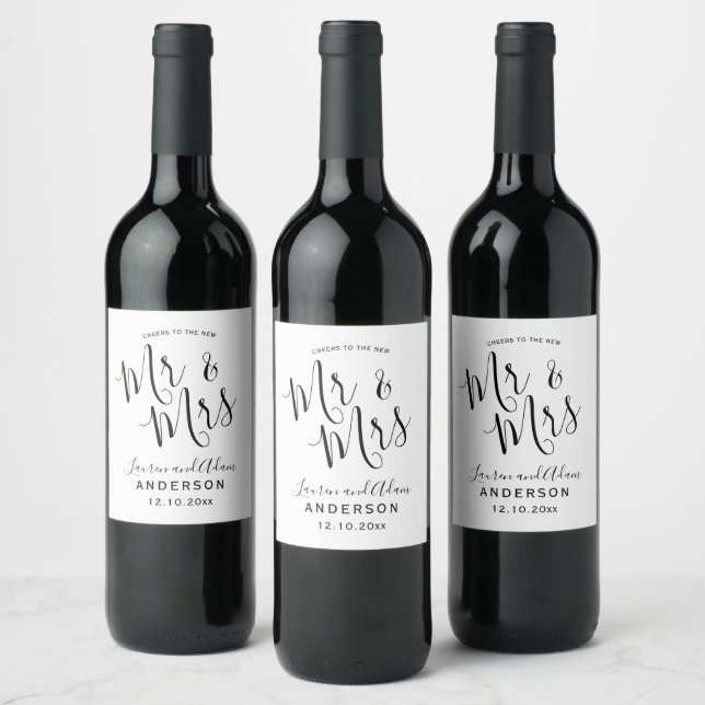 Modern Black & White Mr & Mrs Wedding  Wine Label (Bottles)