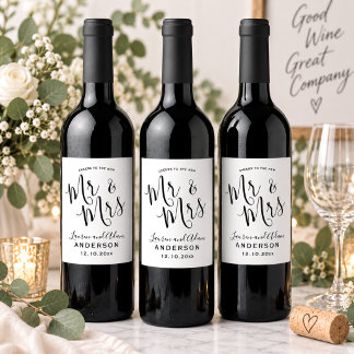 Modern Black & White Mr & Mrs Wedding Wine Label