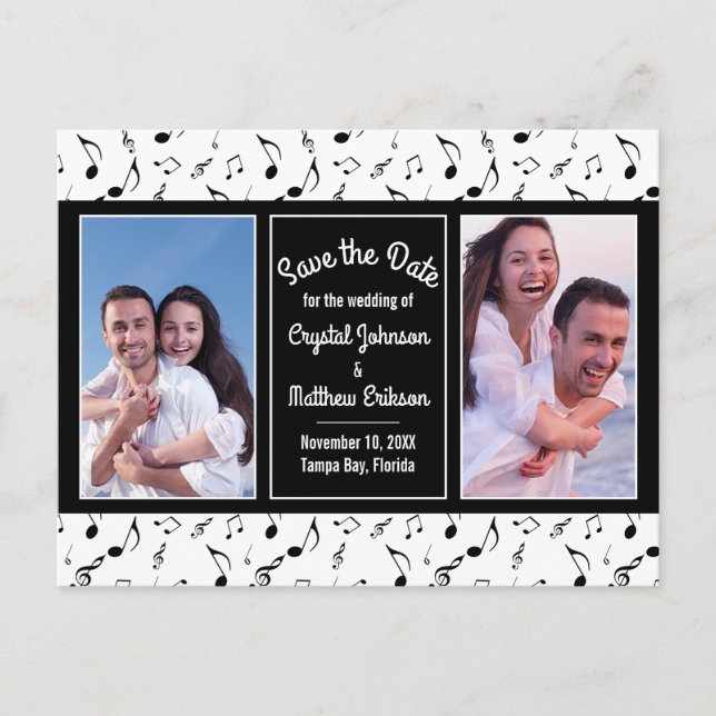 Modern Black White Music Notes Photo Save the Date Postcard (Front)
